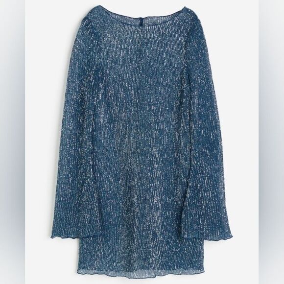 H&M Blue Sheer Sequin Long Sleeve Scoop Neck Mini Party Dress X-Large XL NWT - Picture 1 of 10